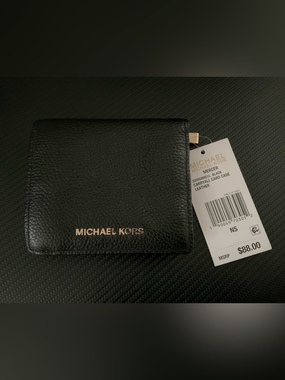 Michael Kors Black Pebbled Leather Card Holder with Gold Logo